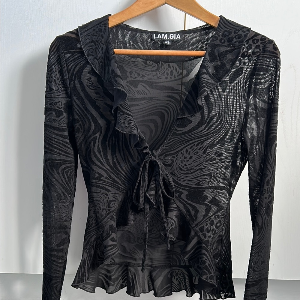 I.AM.GIA Black Sheer Suede Ruffle Top